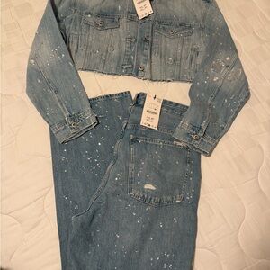 Zara rhinestone Light Blue Denim Jacket and pants